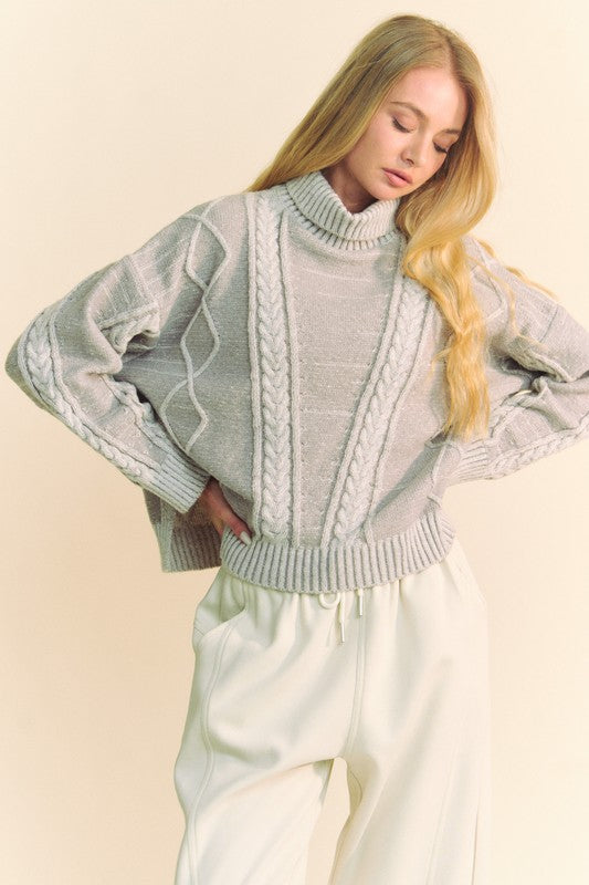 Davi &amp; Dani Cable-Knit Turtleneck Dropped Shoulder Sweater