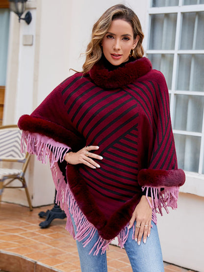 Striped Fringe Hem Poncho Outerwear