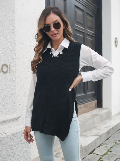 Aura Stylo - Frayed Hem Slit Sweater Vest