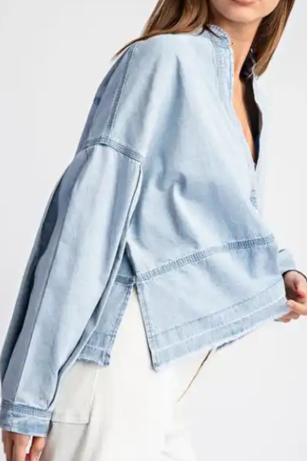 Slit Raw Hem Notched Denim Top