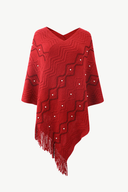 Pearl Trim V Neck Fringe Hem Poncho