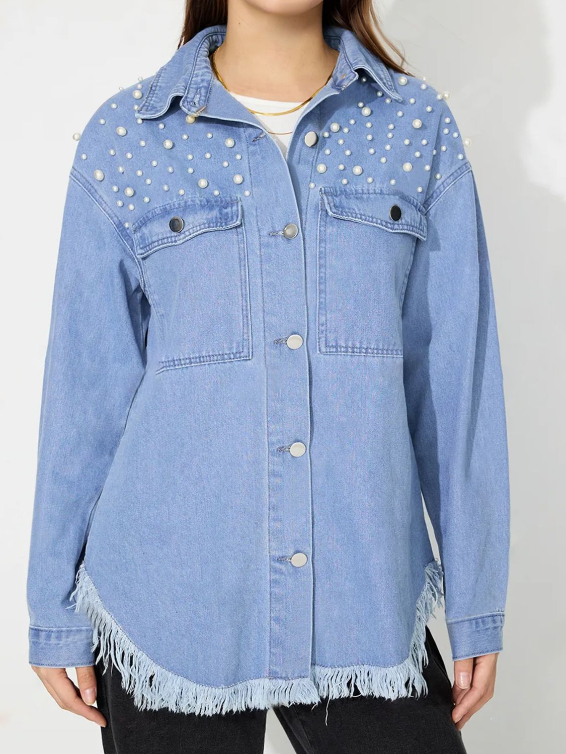 Raw Hem Pearl Trim Collared Neck Denim Top