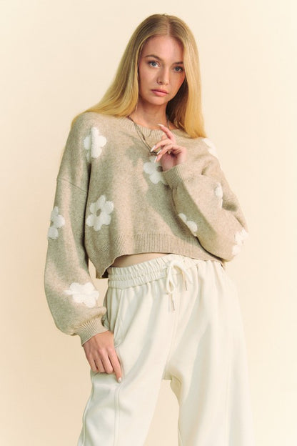 Davi &amp; Dani Floral Drop Shoulder Cropped Sweater