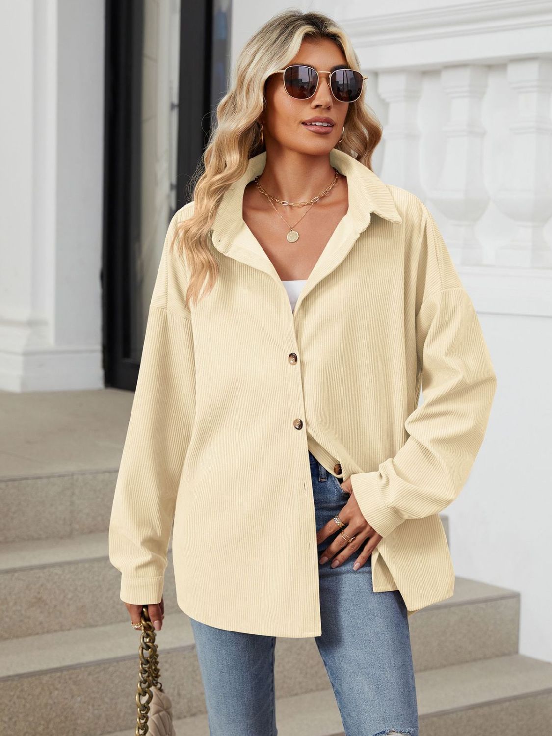 Aura Stylo - Collared Neck Long Sleeve Dropped Shoulder Shirt