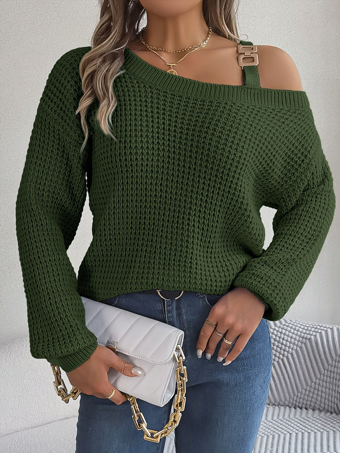 Aura Stylo - Asymmetrical Neck Long Sleeve Sweater