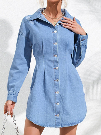 Aura Stylo - Distressed Button Up Long Sleeve Denim Dress