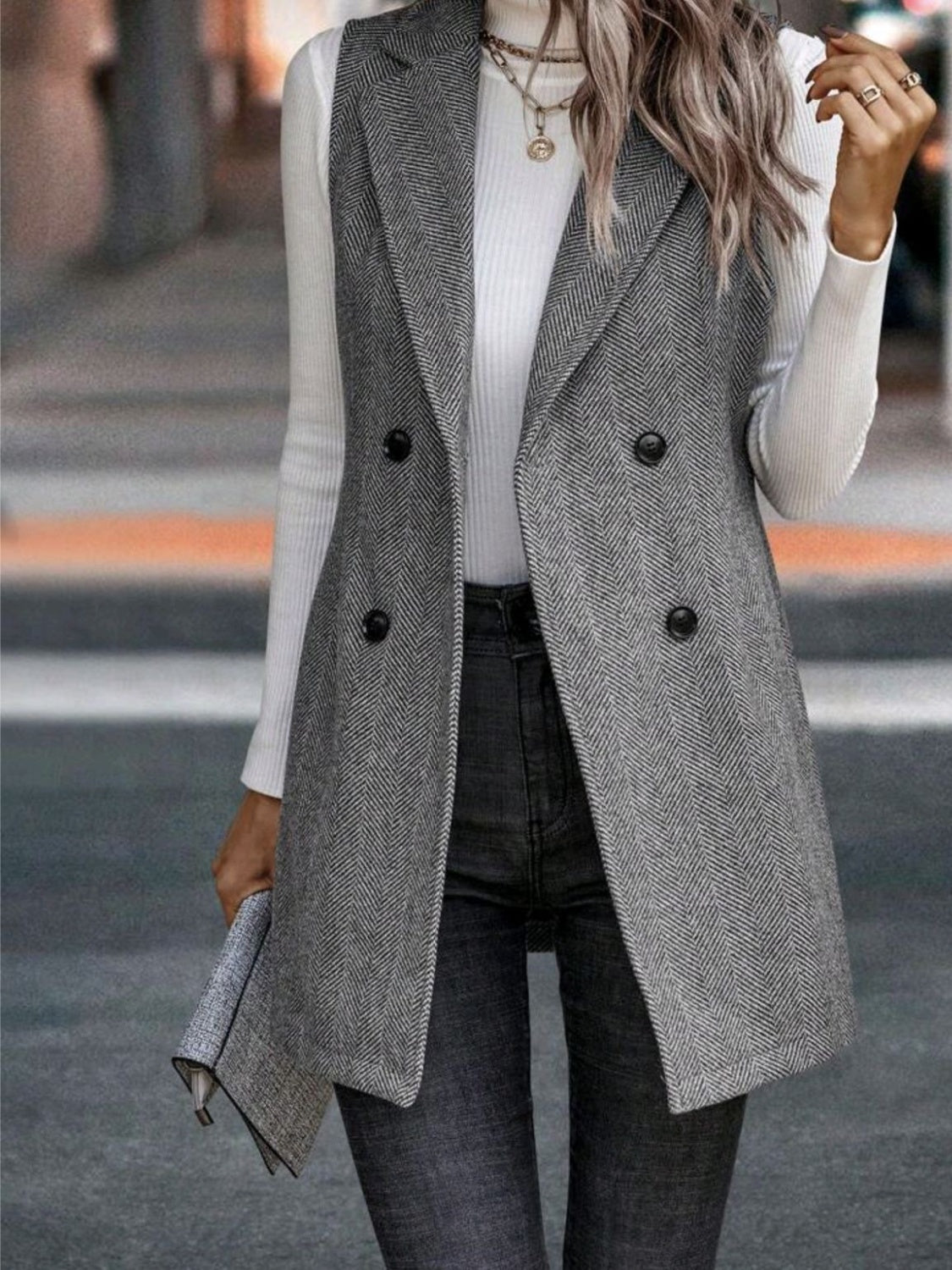 Aura Stylo - Buttoned Collared Neck Longline Vest Coat