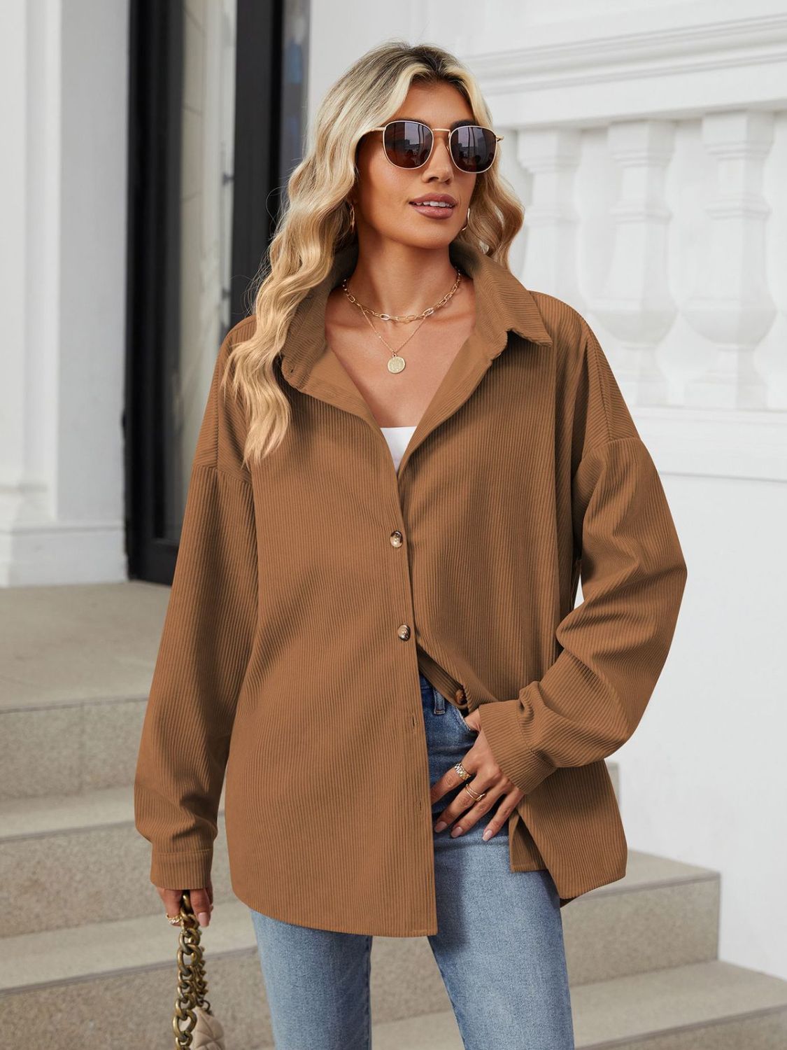 Aura Stylo - Collared Neck Long Sleeve Dropped Shoulder Shirt