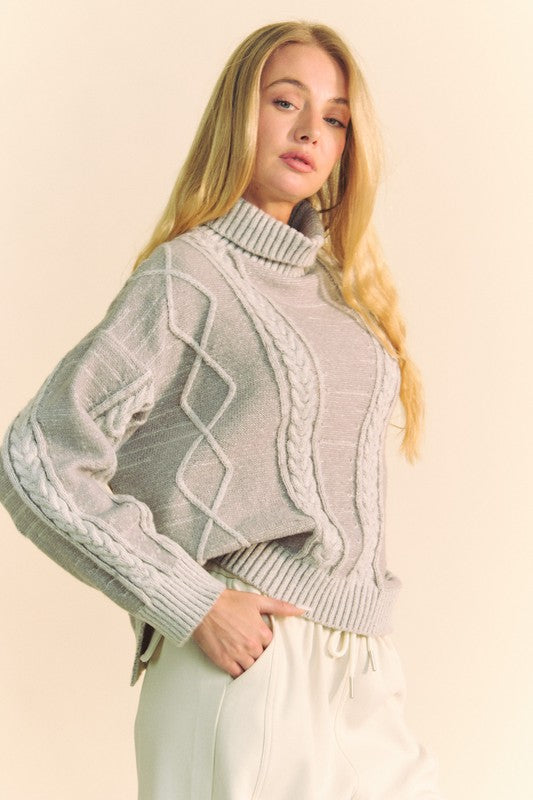 Davi &amp; Dani Cable-Knit Turtleneck Dropped Shoulder Sweater