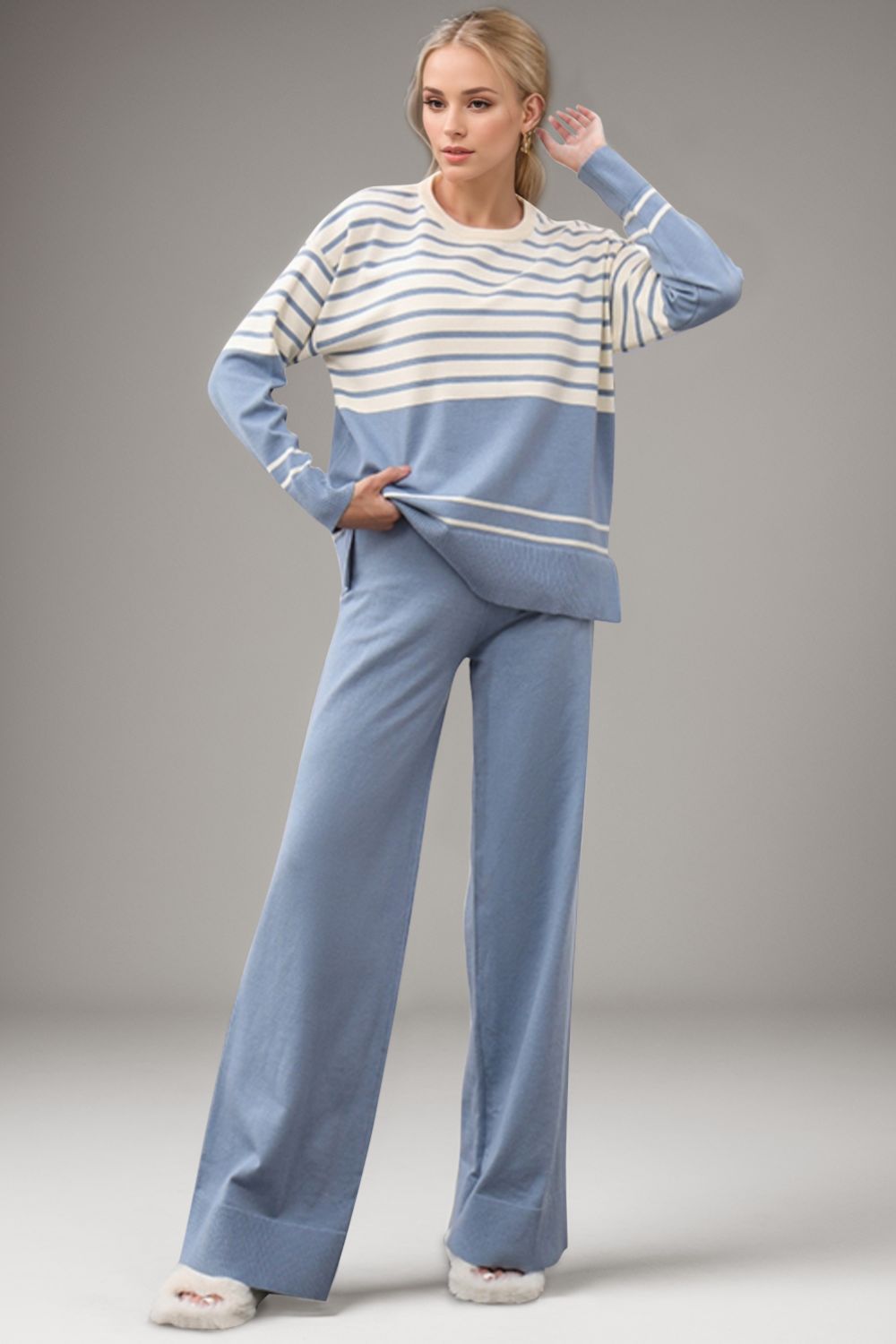 Bae Striped Round Neck Long Sleeve Top and Pants Sweater Set