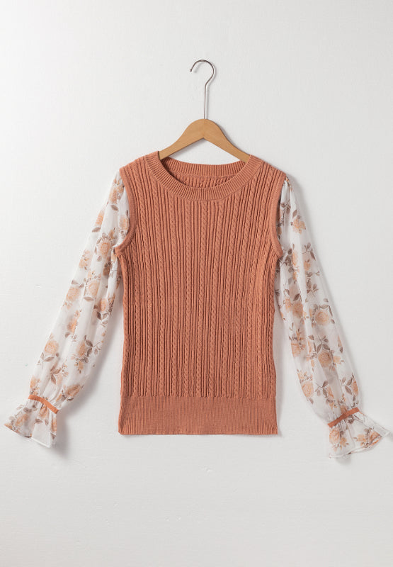 Aura Stylo - Cable Knit Round Neck Flounce Sleeve Sweater