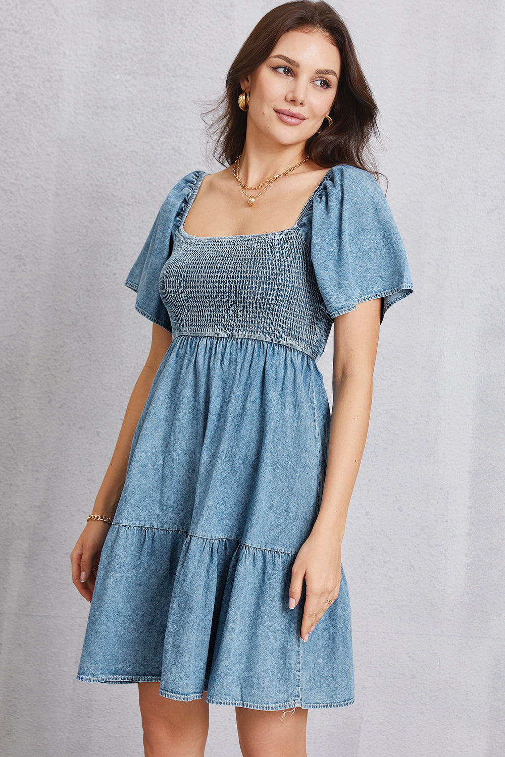 Aura Stylo - Smocked Square Neck Mini Denim Dress