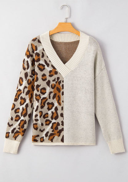 Aura Stylo - Leopard V Neck Drop Shoulder Sweater