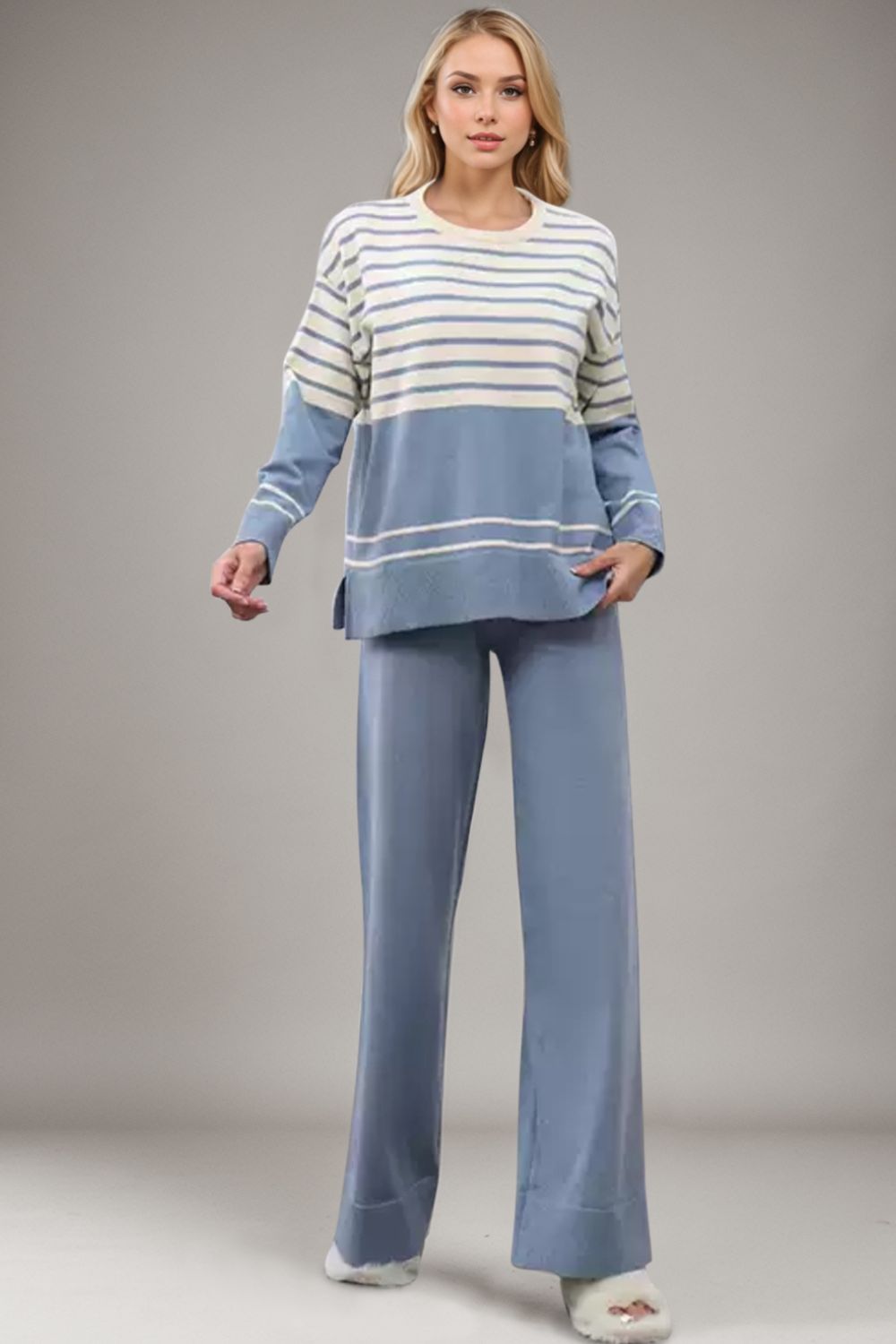 Bae Striped Round Neck Long Sleeve Top and Pants Sweater Set