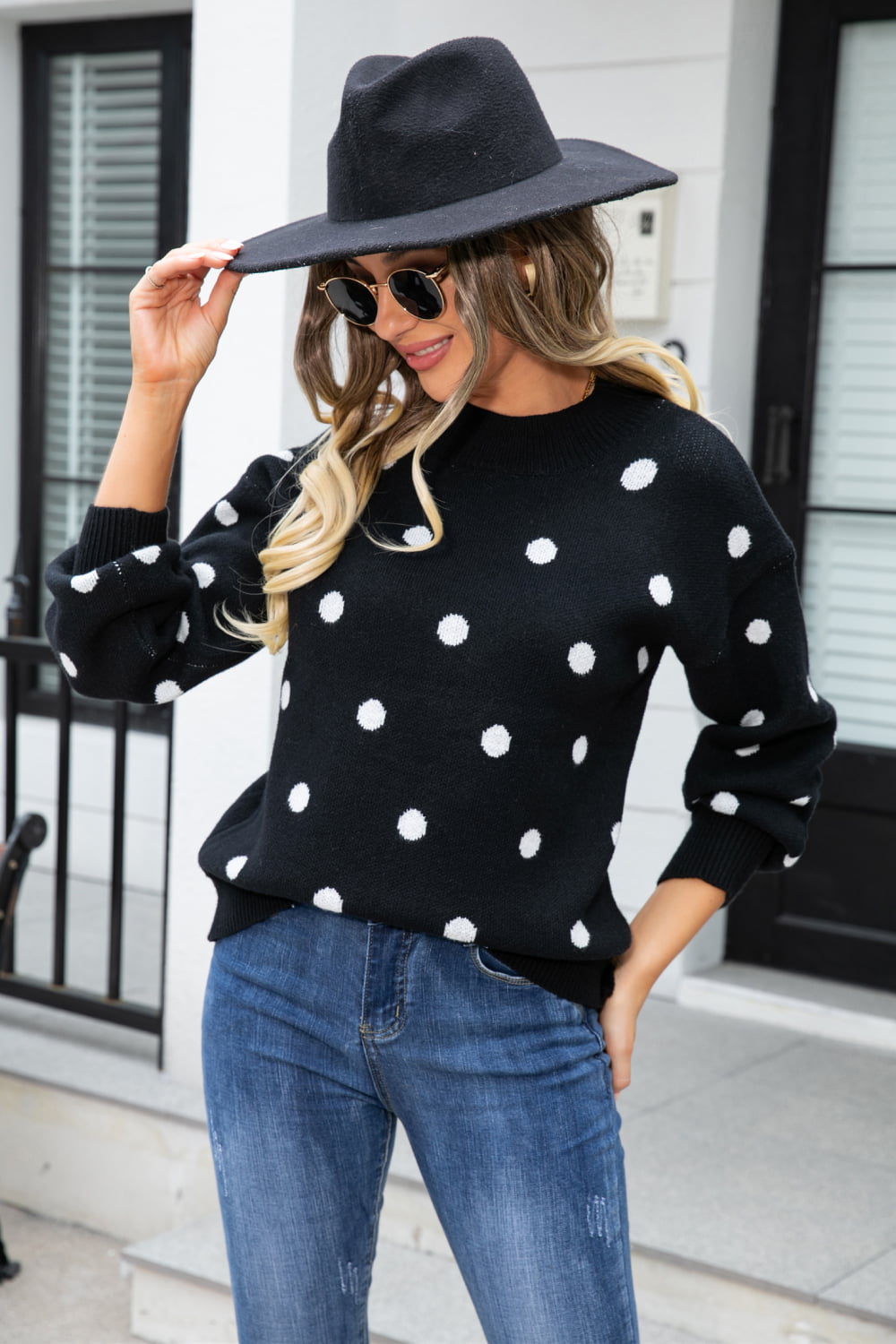 Aura Stylo - Angel Wings Woven Right Polka Dot Round Neck Dropped Shoulder Sweater