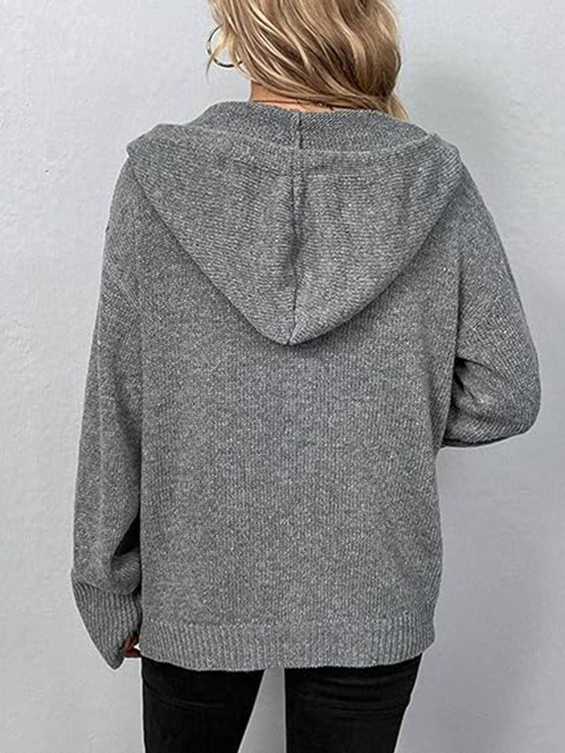 Aura Stylo - Button Up Drawstring Long Sleeve Hooded Cardigan