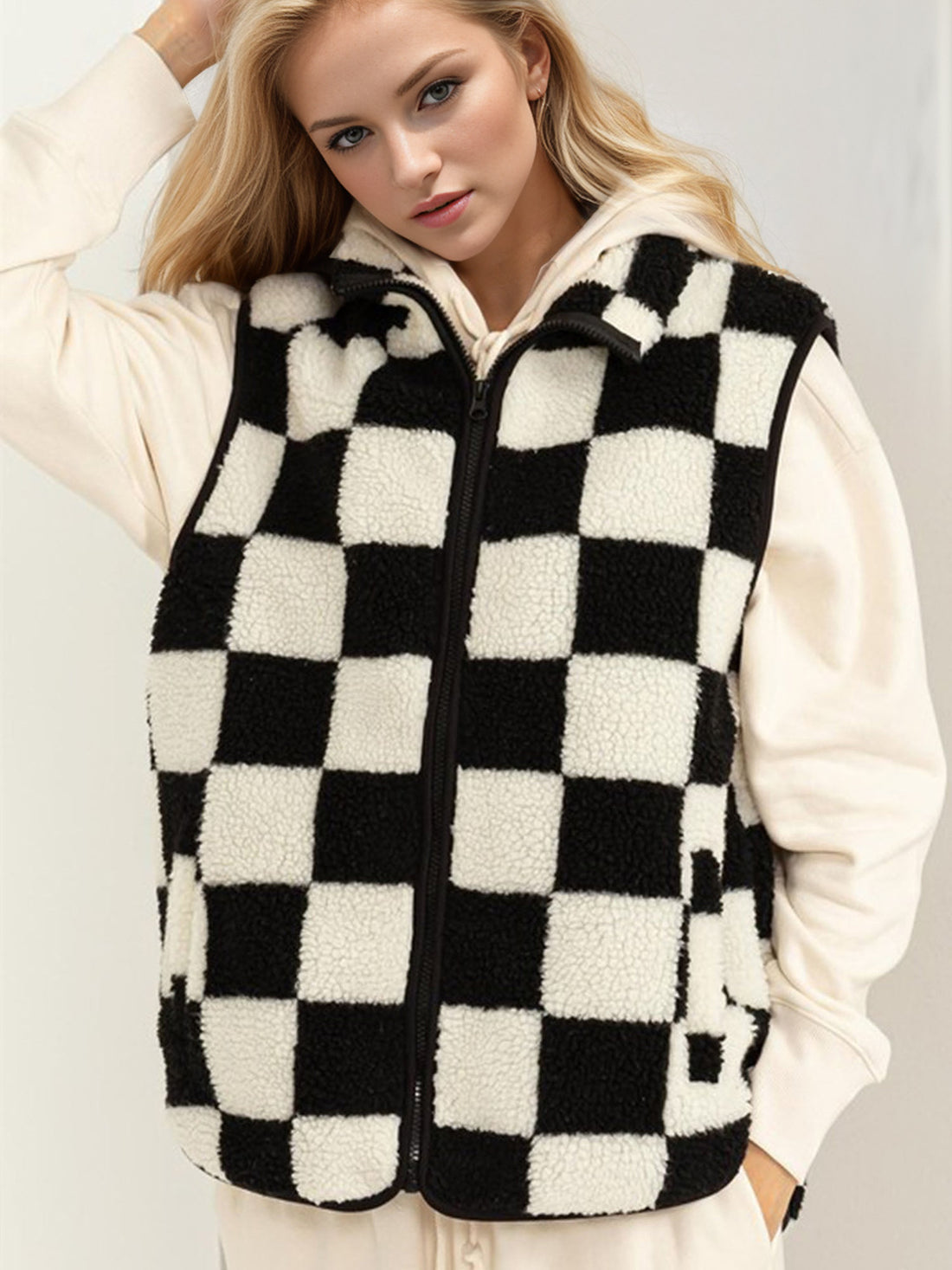 Aura Stylo - Double Take Full Size Zip Up Checkered Vest Cost