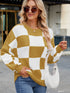  Checkered Round Neck Long Sleeve Sweater