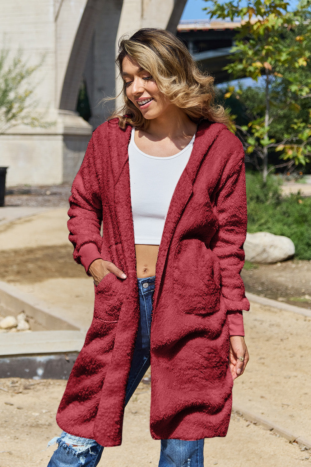  Double Take Full Size Hooded Teddy Bear Jacket with Thumbholes