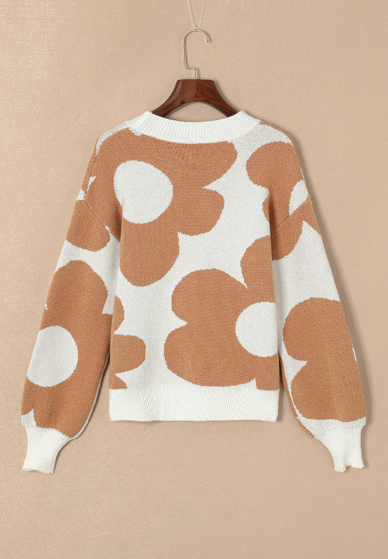 Aura Stylo - Contrast Flower Mock Neck Long Sleeve Sweater