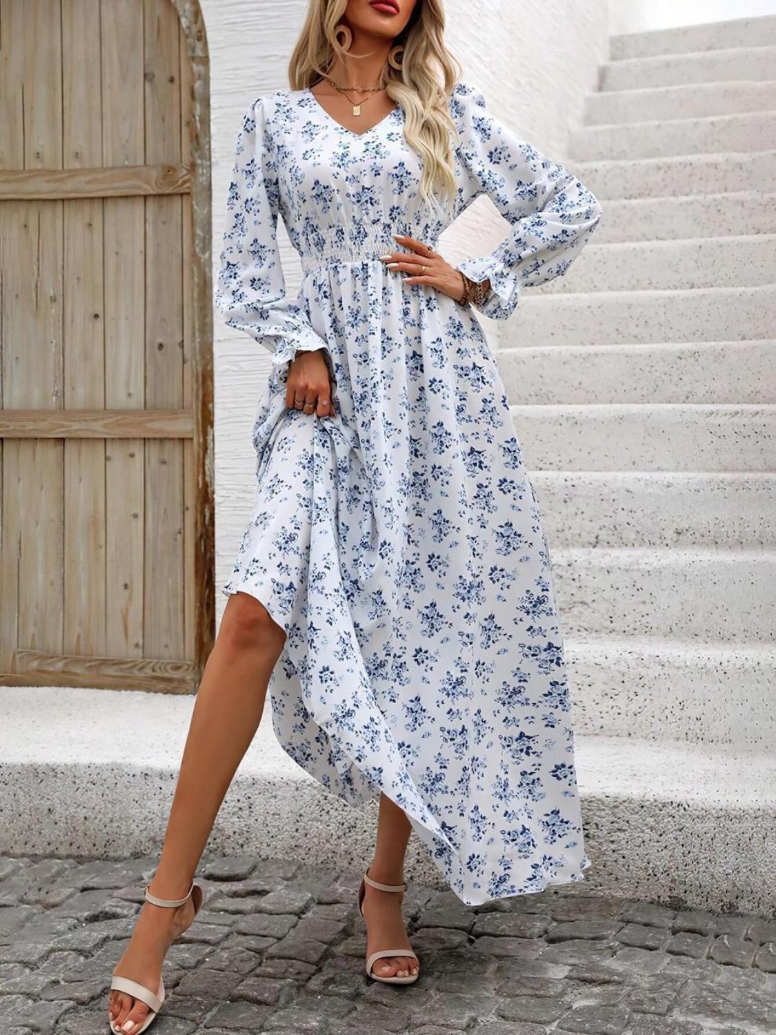 Aura Stylo - Smocked Printed V-Neck Flounce Sleeve Dress