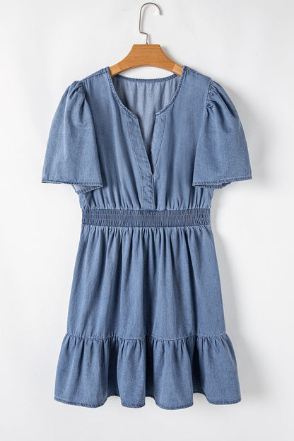 Aura Stylo - Ruffled Hem Smocked Flutter Sleeve Denim Mini Dress