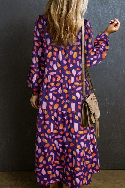 Aura Stylo - Printed Notched Long Sleeve Dress