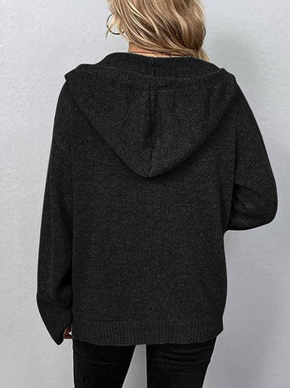 Aura Stylo - Button Up Drawstring Long Sleeve Hooded Cardigan