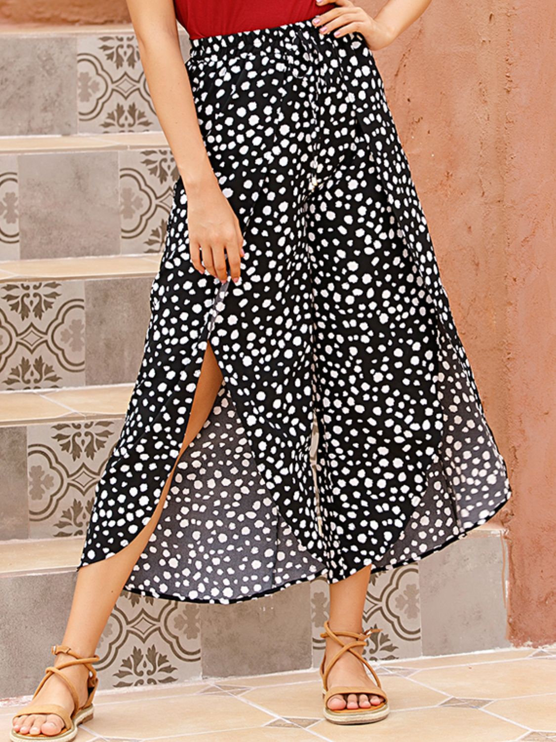 Aura Stylo - Perfee Slit Polka Dot Wide Leg Pants