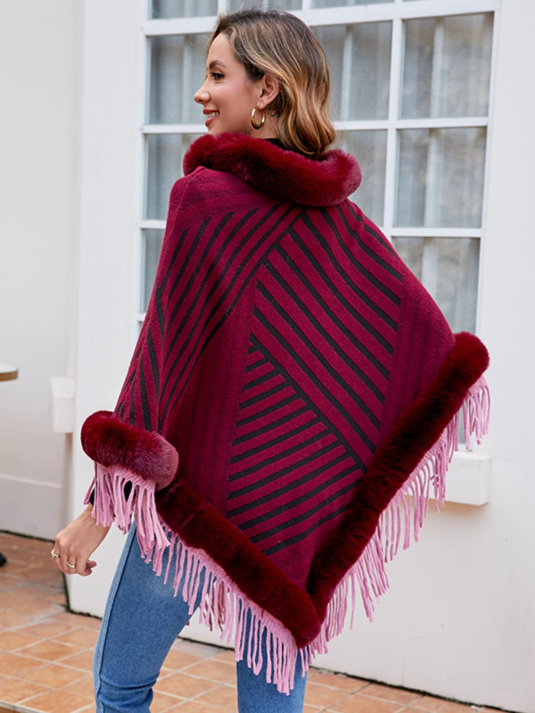 Striped Fringe Hem Poncho Outerwear