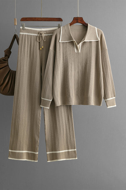 Contrast Trim Johnny Collar Top and Drawstring Pants Sweater