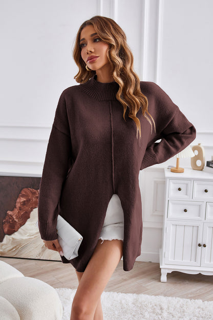 Aura Stylo - Exposed Seam Mock Neck Slit Sweater