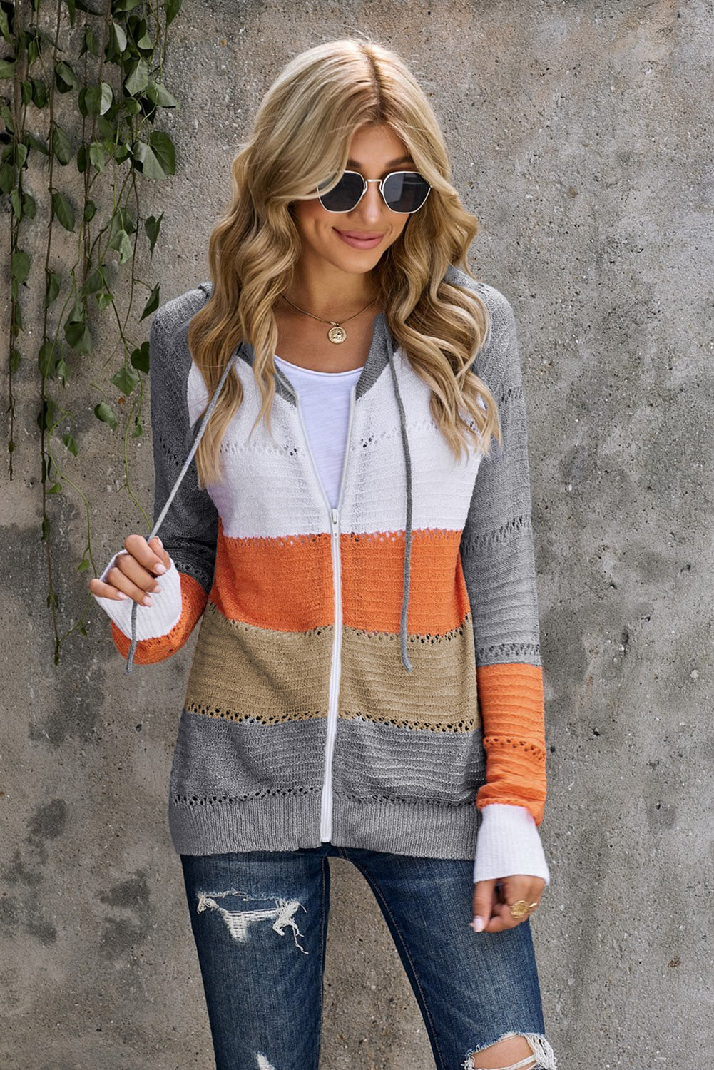 Aura Stylo - Zip-Up Raglan Sleeve Openwork Hooded Cardigan