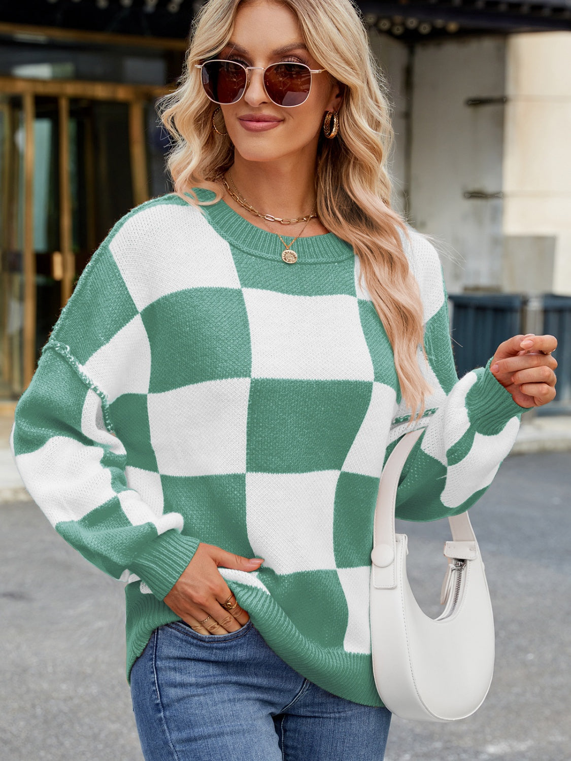  Checkered Round Neck Long Sleeve Sweater