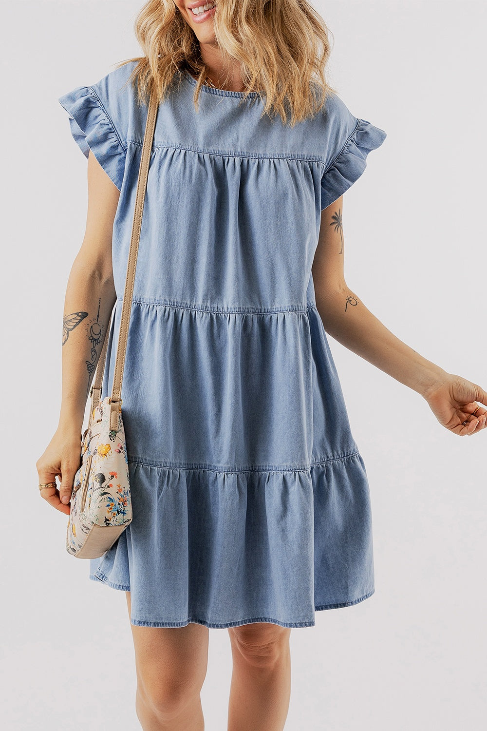 Aura Stylo - Ruffled Round Neck Cap Sleeve Denim Dress