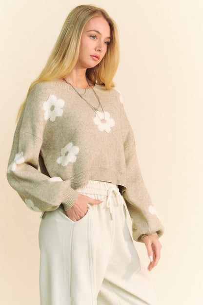 Davi &amp; Dani Floral Drop Shoulder Cropped Sweater