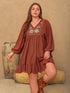 Aura Stylo - Plus Size Embroidered Tie Neck Balloon Sleeve Mini Dress