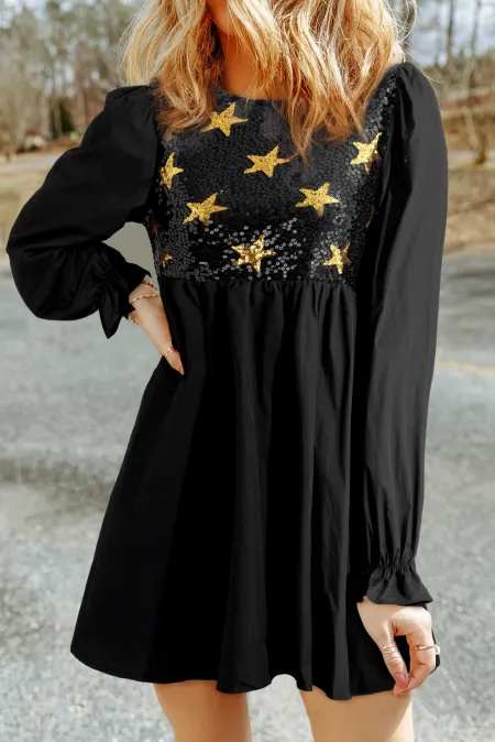 Aura Stylo - Sequin Star Round Neck Flounce Sleeve Mini Dress