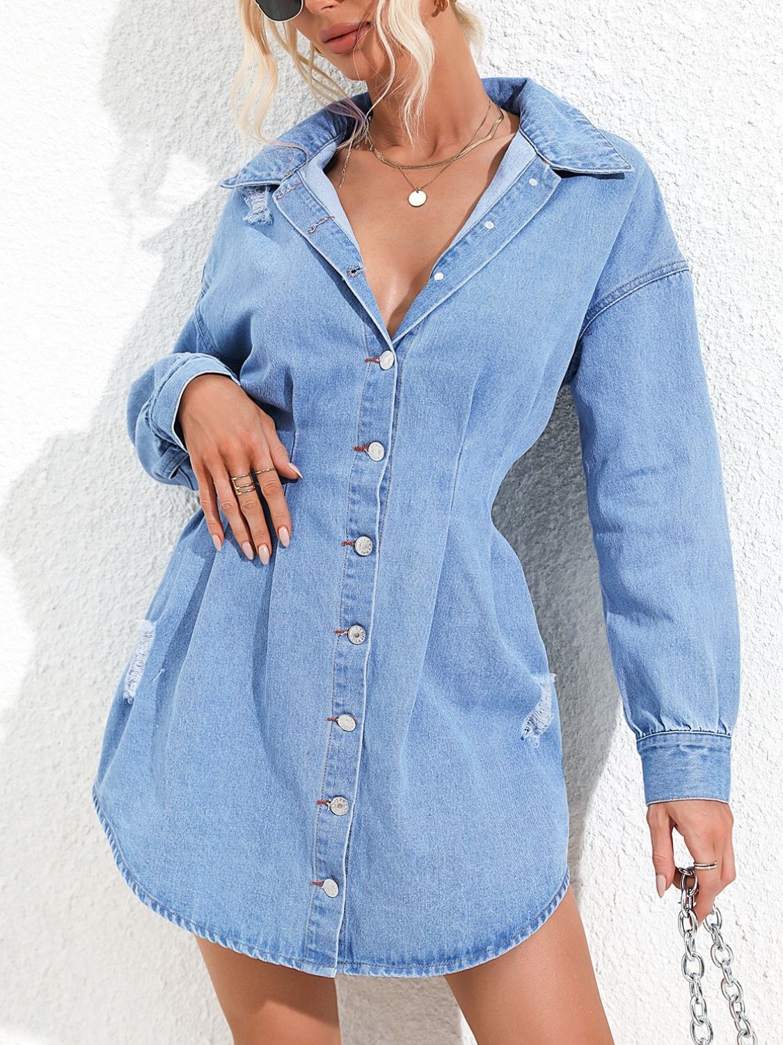 Aura Stylo - Distressed Button Up Long Sleeve Denim Dress