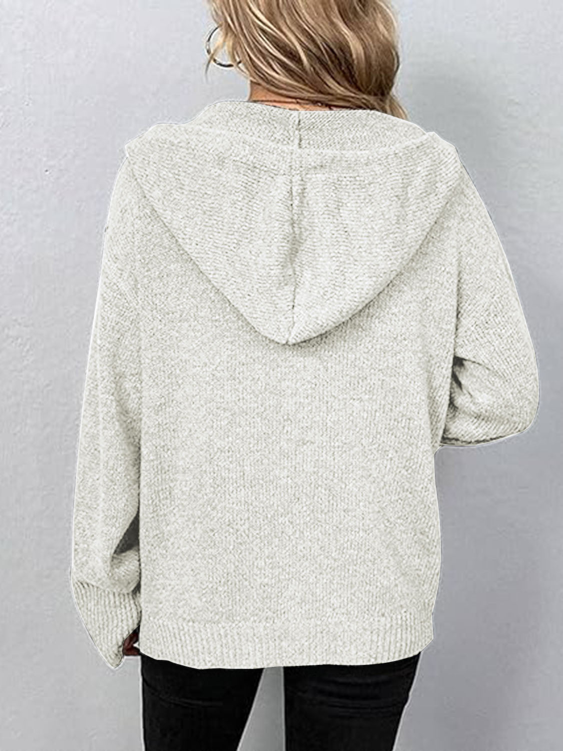 Aura Stylo - Button Up Drawstring Long Sleeve Hooded Cardigan