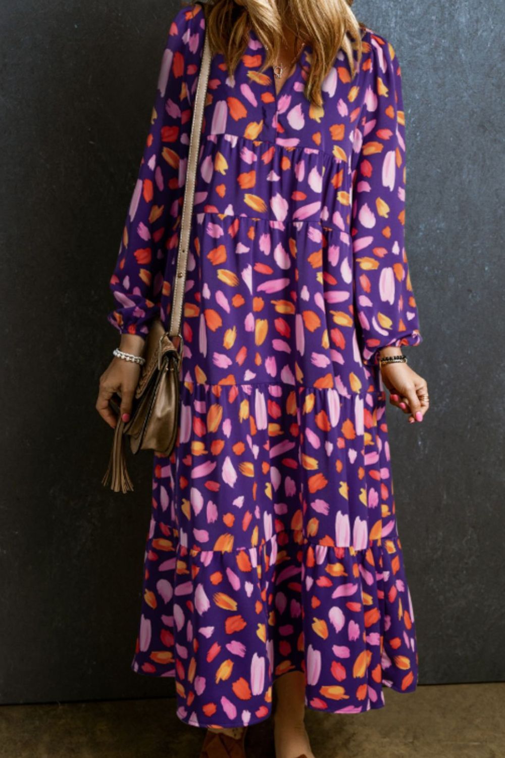 Aura Stylo - Printed Notched Long Sleeve Dress