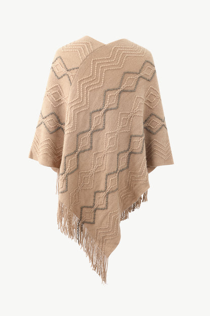 Pearl Trim V Neck Fringe Hem Poncho