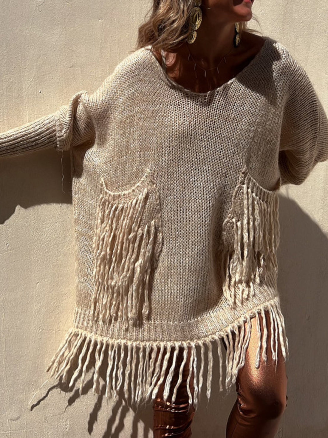 Aura Stylo - Fringe Detail Long Sleeve Sweater with Pockets